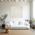 Minimal Living room with Comfy sofa and cushion design, white blank wall, afternoon, bright, digital, AI Generated