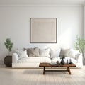 Minimal Living room with Comfy sofa and cushion design, white blank wall, afternoon, bright, digital, AI Generated