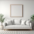 Minimal Living room with Comfy sofa and cushion design, white blank wall, afternoon, bright, digital, AI Generated