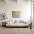 Minimal Living room with Comfy sofa and cushion design, white blank wall, afternoon, bright, digital, AI Generated