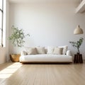 Minimal Living room with Comfy sofa and cushion design, white blank wall, afternoon, bright, digital, AI Generated