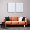 Minimal living room design, orange sofa in empty modern background, 3d render Royalty Free Stock Photo