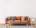 Minimal living room design, orange sofa in empty modern background