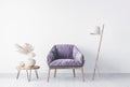 Minimal living room design, purple and beige chair .white background, home decor with trendy accessories