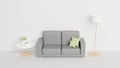 Minimal living room interior with a grey sofa with green cushions, a lamp and cactus on a table Royalty Free Stock Photo