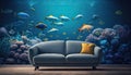 Minimal living room with interior sofa and under the sea fish tank or aquarium decoration, underwater with coral reef and fishes