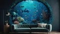 Minimal living room with interior sofa and under the sea fish tank or aquarium decoration, underwater with coral reef and fishes