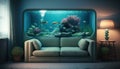 Minimal living room with interior sofa and under the sea fish tank or aquarium decoration, underwater with coral reef and fishes