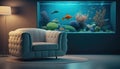 Minimal living room with interior sofa and under the sea fish tank or aquarium decoration, underwater with coral reef and fishes