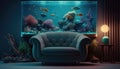 Minimal living room with interior sofa and under the sea fish tank or aquarium decoration, underwater with coral reef and fishes