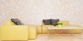Minimal living room with yellow leather sofa set and marble wall 3D illustration