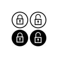 Minimal Lock Unlock button set. Outline Square Padlock icon vector illustration with round shape. Security design element.