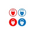 Minimal Lock Unlock button set. Padlock shield icon vector illustration with round shape. Protection symbol isolated on white