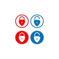 Minimal Lock Unlock button set. Padlock shield icon vector illustration with round shape. Protection symbol isolated on white