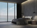 Minimal loft style bedroom with sea view background 3d render Royalty Free Stock Photo