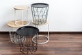 Minimal loft style furniture. Black and white steel and wooden tables with chairs. Industrial and modern style