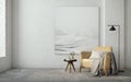 Minimal loft style interior.Armchair,side table,lamp and canvas on brick wall background. Royalty Free Stock Photo