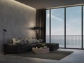 Minimal loft style living room with sea view background 3d render