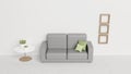 Minimal lounge interior with a grey sofa with green cushions, decorative frames and cactus on a table Royalty Free Stock Photo