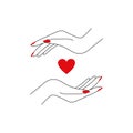 Minimal love logo. Abstract red heart female outline hands, romantic linear tattoo design, beauty sticker. Vector