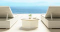 Minimal Luxury beach house with sea view on terrace modern design, Sunbed Lounge chairs on deck at vacation home or hotel . 3d Royalty Free Stock Photo