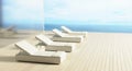 Minimal Luxury beach house with sea view on terrace modern design, Sunbed Lounge chairs on deck at vacation home or hotel . 3d Royalty Free Stock Photo