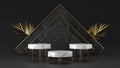 Minimal luxury white Marble podium and golden leaves in black background