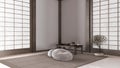 Minimal meditation room in white and beige tones, Capet, table with Mala and bonsai. Dark wooden beams and paper doors. Japandi