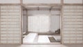 Minimal meditation room in white and beige tones with paper door. Capet, pillows and tatami mats. Bleached wooden beams and