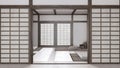 Minimal meditation room in white and beige tones with paper door. Capet, pillows and tatami mats. Dark wooden beams and wallpaper