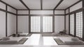 Minimal meditation room in white and beige tones, pillows, tatami mats and paper doors. Dark wooden beams and resin floor.