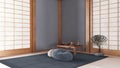 Minimal meditation room in white and blue tones, Capet, table with Mala and bonsai. Wooden beams and paper doors. Japandi interior