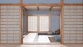 Minimal meditation room in white and blue tones with paper door. Capet, pillows and tatami mats. Wooden beams and wallpaper.
