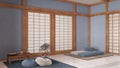 Minimal meditation room in white and blue tones with pillows, tatami mats and paper doors. Carpet, table with Mala and decors.