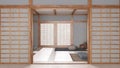 Minimal meditation room in white and gray tones with paper door. Capet, pillows and tatami mats. Wooden beams and wallpaper.