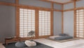 Minimal meditation room in white and gray tones with pillows, tatami mats and paper doors. Carpet, table with Mala and decors.