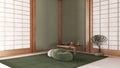 Minimal meditation room in white and green tones, Capet, table with Mala and bonsai. Wooden beams and paper doors. Japandi