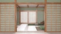 Minimal meditation room in white and green tones with paper door. Capet, pillows and tatami mats. Wooden beams and wallpaper.