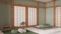 Minimal meditation room in white and green tones with pillows, tatami mats and paper doors. Carpet, table with Mala and decors.