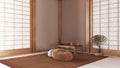 Minimal meditation room in white and orange tones, Capet, table with Mala and bonsai. Wooden beams and paper doors. Japandi