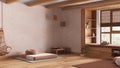 Minimal meditation room in white and orange tones. Wooden ceiling and parquet floor. Pillow, tatami mat, carpet and decors.