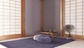 Minimal meditation room in white and purple tones, Capet, table with Mala and bonsai. Wooden beams and paper doors. Japandi