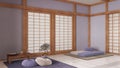 Minimal meditation room in white and purple tones with pillows, tatami mats and paper doors. Carpet, table with Mala and decors.
