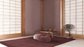 Minimal meditation room in white and red tones, Capet, table with Mala and bonsai. Wooden beams and paper doors. Japandi interior