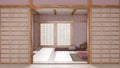 Minimal meditation room in white and red tones with paper door. Capet, pillows and tatami mats. Wooden beams and wallpaper.