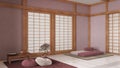 Minimal meditation room in white and red tones with pillows, tatami mats and paper doors. Carpet, table with Mala and decors.