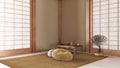 Minimal meditation room in white and yellow tones, Capet, table with Mala and bonsai. Wooden beams and paper doors. Japandi