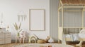 Minimal mock up frame in children room with natural wooden furniture, interior. Generative Ai Royalty Free Stock Photo