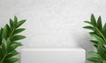 Minimal Mockup White Podium Display, For Show Product, White Brick Marble Background, Green Tropics Plant, 3d Rendering