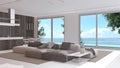 Minimal modern dark wooden kitchen and living room in white and beige tones. Sofa, island and panoramic window with infinite pool Royalty Free Stock Photo